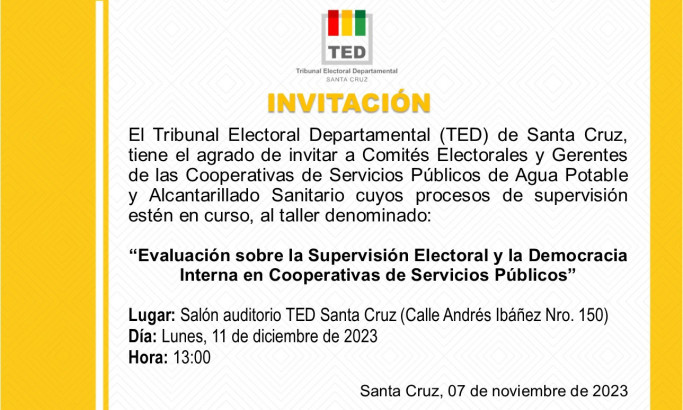Santa Cruz: TSE y TED invitan a cooperativas al taller de evaluación sobre la supervisión electoral y democracia interna